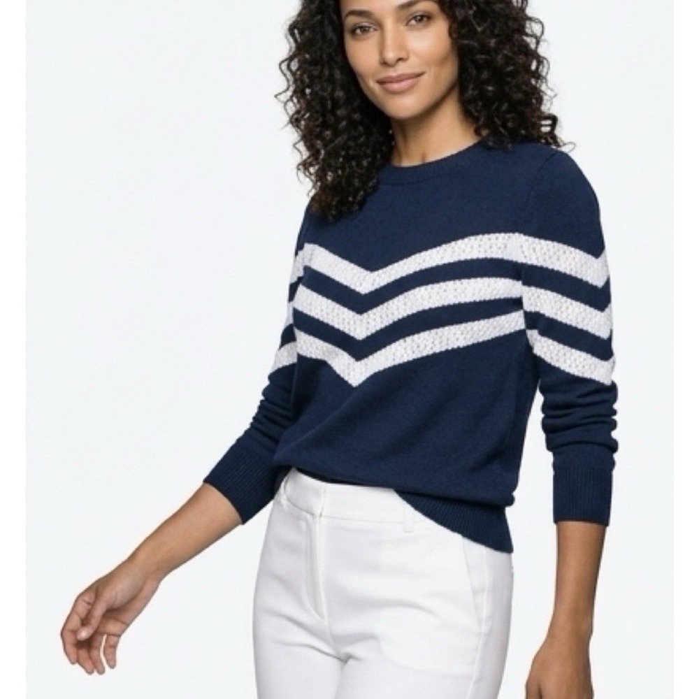 Loft Women's Navy White Chevron Sweater Knit 100% Cotton Collegiate Size Large